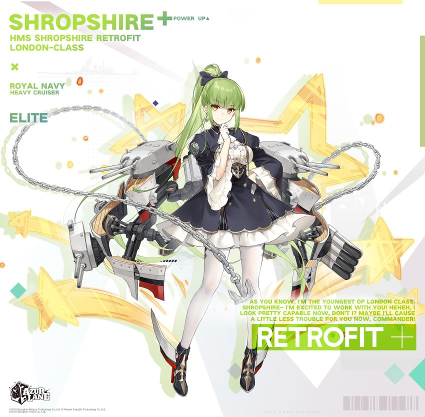 1girl azur_lane bow gloves green_hair hair_bow highres long_hair looking_at_viewer official_alternate_costume official_art pantyhose ponytail promotional_art retrofit_(azur_lane) rigging shi-chen ship_turret shropshire_(azur_lane) shropshire_(retrofit)_(azur_lane) standing torpedo white_gloves white_pantyhose yellow_eyes