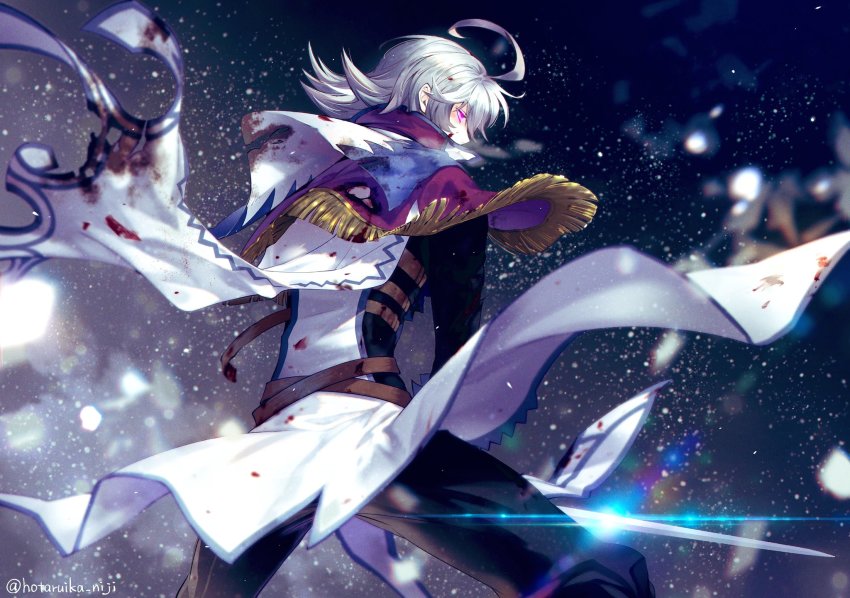 1boy ahoge alloces_(megido72) belt black_pants blood blood_on_clothes capelet commentary_request glint gloves gold_trim highres holding holding_sword holding_weapon hotaruika_niji megido72 night outdoors pants profile red_eyes silver_hair snow solo sword weapon white_gloves