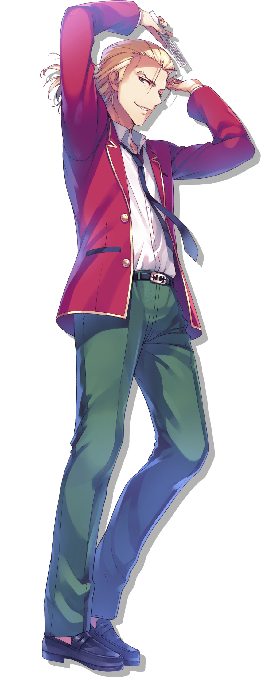 1boy absurdres ace_combat advanced_nurturing_high_school_uniform belt black_belt black_shoes blazer blonde_hair collared_shirt full_body green_pants grin heel_up highres jacket kouenji_rokusuke loafers long_sleeves looking_at_viewer male_focus medium_hair official_art open_clothes open_jacket pants red_jacket school_uniform shirt shoes simple_background smile solo standing tomose_shunsaku transparent_background white_shirt youkoso_jitsuryoku_shijou_shugi_no_kyoushitsu_e