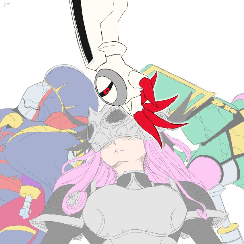 1girl 3boys absurdres appmon armor beautymon biomon charismon claws defeat digimon digimon_universe:_appli_monsters fakemon_(appmon) highres long_hair lying multiple_boys pink_hair red_eyes