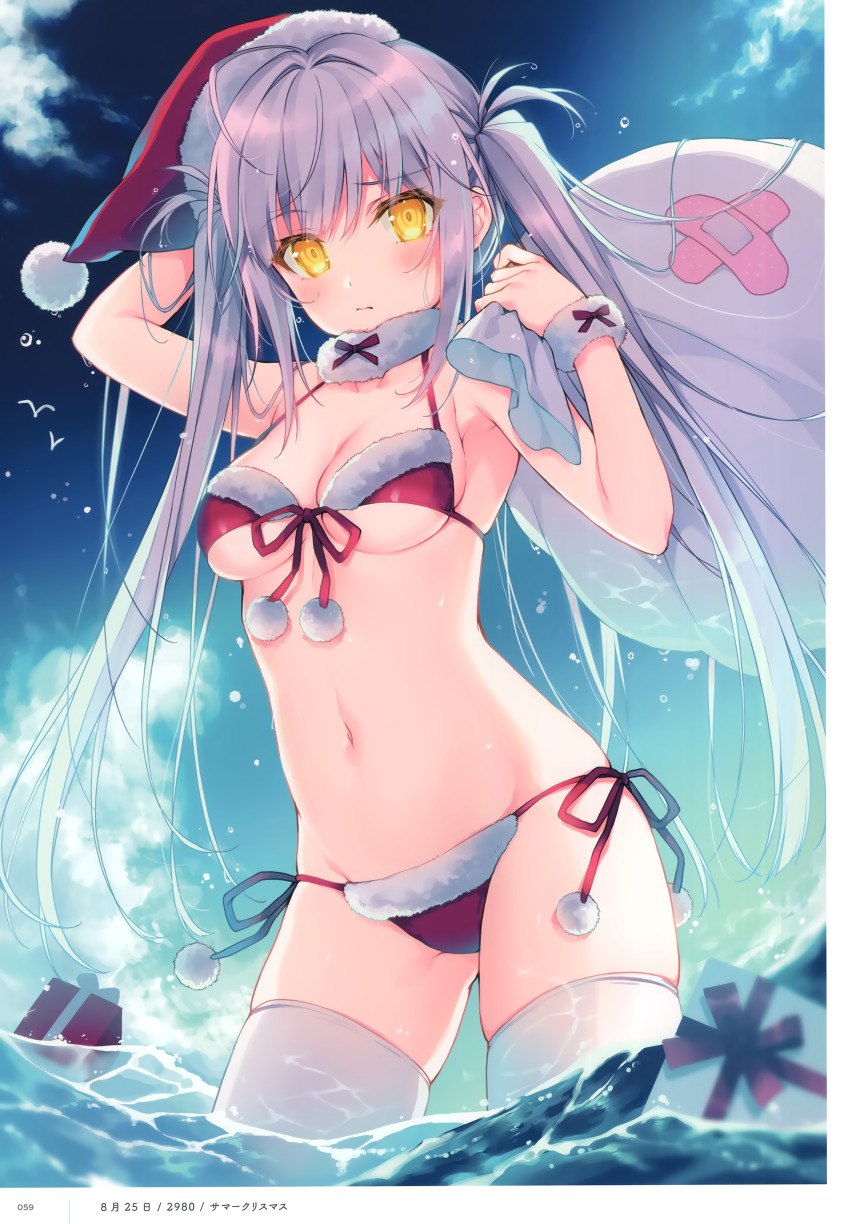 1girl absurdres ahoge arm_up artist_name bare_shoulders bikini blue_sky blush bow bowtie box breasts christmas cleavage closed_mouth cloud cloudy_sky fur_collar fur_trim gift gift_box hat highres holding holding_sack lips long_hair looking_at_viewer medium_breasts melonbooks navel nikyuppa ocean page_number partially_submerged pom_pom_(clothes) purple_hair sack santa_bikini santa_costume santa_hat scan side-tie_bikini_bottom simple_background sky solo stomach swimsuit thighhighs twintails water water_drop white_thighhighs wristband yellow_eyes