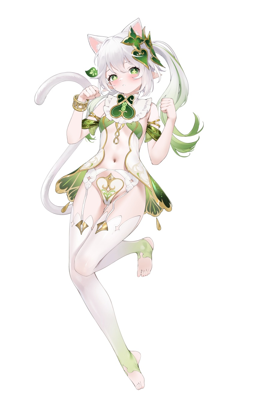 1girl absurdres adapted_costume animal_ears cat_ears cat_tail cross-shaped_pupils full_body garter_straps genshin_impact gradient_hair green_eyes green_hair grey_hair hair_ornament hands_up highres janload1ng long_hair multicolored_hair nahida_(genshin_impact) navel no_shoes parted_lips pointy_ears side_ponytail simple_background solo stirrup_legwear stomach symbol-shaped_pupils tail thighhighs toeless_legwear white_background white_garter_straps white_thighhighs