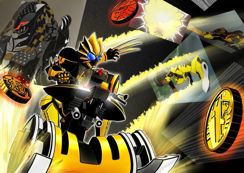 claws highres kamen_rider kamen_rider_ooo kamen_rider_ooo_(series) kazari michimoyo motor_vehicle motorcycle o_medal ratoratah_(ooo_combo) ridevendor toridevendor vehicle