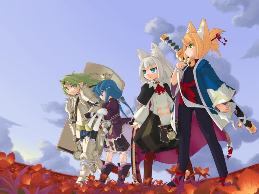 4girls 7th_dragon 7th_dragon_(series) animal_ears bad_id bad_pixiv_id cat_ears floro_(7th_dragon) flower fox_ears highres ikurakun_(7th_dragon) kate_(7th_dragon) knight_(7th_dragon) mage_(7th_dragon) mof momomeno_(7th_dragon) multiple_girls namuna_(7th_dragon) oekaki princess_(7th_dragon) samurai_(7th_dragon)