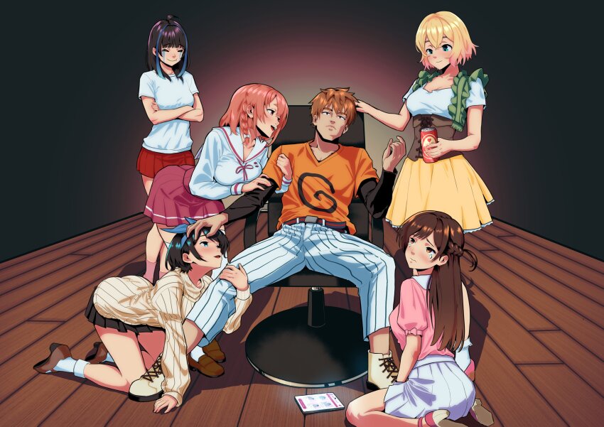 1boy 5girls absurdres belt black_hair blonde_hair blue_eyes braid breasts brown_eyes brown_hair brown_skirt can chair crying crying_with_eyes_open drink_can frills gradient_background hair_ribbon hand_on_chair highres holding holding_another&#039;s_arm holding_another&#039;s_leg holding_can kanojo_okarishimasu kinoshita_kazuya kneeling large_breasts long_hair medium_breasts miniskirt mizuhara_chizuru multicolored_hair multiple_girls nanami_mami orange_hair orange_shirt pants petticoat pink_eyes pink_hair pink_skirt red_skirt ribbon sakurasawa_sumi santiagodraws sarashina_ruka shirt shirt_under_shirt shoes short_hair short_sleeves side_ponytail simple_background skirt soda_can striped_belt striped_clothes striped_pants sweater swivel_chair t-shirt tablet_pc tears two-tone_hair white_skirt wooden_floor yaemori_mini yellow_skirt