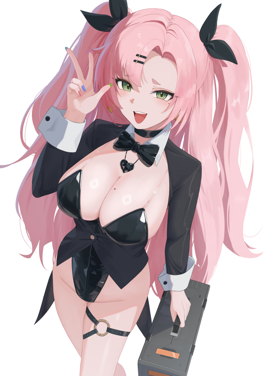 1girl :d absurdres black_bow black_bowtie black_leotard bow bowtie breasts briefcase cleavage commentary green_eyes hair_ornament hairclip heart heart_necklace highres holding holding_briefcase jewelry large_breasts leotard long_hair necklace nicole_demara o-ring o-ring_thigh_strap open_mouth pige_pig pink_hair shrug_(clothing) simple_background smile solo thigh_strap two_side_up very_long_hair w white_background zenless_zone_zero