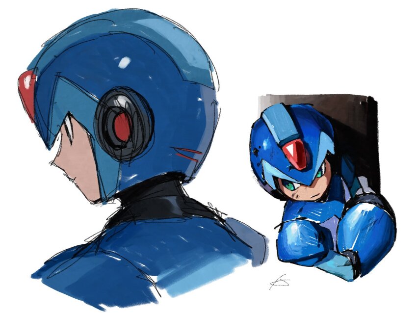 1boy android armor blue_armor blue_helmet close-up forehead_jewel green_eyes helmet karen_(karenoni1031) male_focus mega_man_(series) mega_man_x_(series) multiple_views shoulder_armor simple_background white_background x_(mega_man)