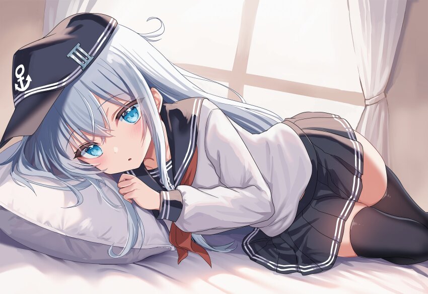 1girl ahoge anchor_print black_socks blue_sailor_collar blue_skirt comiket_107 curtains grey_hair hat hibiki_(kancolle) highres indoors kantai_collection kneehighs long_hair looking_at_viewer lying military_hat miniskirt motohara_moka neckerchief on_bed on_side open_mouth peaked_cap pleated_skirt red_neckerchief sailor_collar school_uniform serafuku skirt socks solo thighhighs white_serafuku window zettai_ryouiki