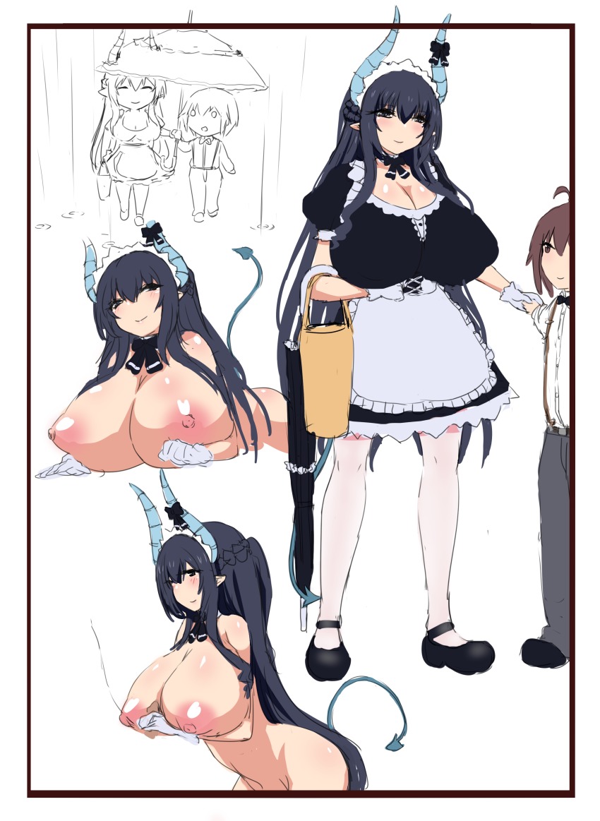 1boy 1girl absurdres black_hair bow breasts chibi demon_girl demon_horns demon_tail dress highres horn_bow horn_ornament horns hu_sea huge_breasts legs long_hair maid maid_headdress multiple_views nipples nude original partially_colored rain sketch tail thighs umbrella uncensored white_background