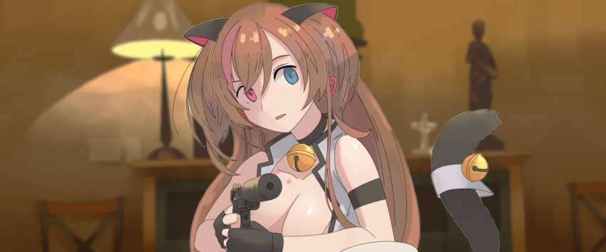 1girl animal_ears bell black_gloves blue_eyes breasts brown_hair cat_ears cat_tail cleavage collarbone desk_lamp earrings female_focus fingerless_gloves girls&#039;_frontline gloves gun h&amp;k_mark_23 handgun heart heart_earrings heckler_&amp;_koch heterochromia holding holding_gun holding_weapon indoors jewelry jingle_bell kac_mk23_suppressor knight&#039;s_armament_company lamp long_hair looking_at_viewer match_grade match_grade_firearm match_grade_pistol medium_breasts mk23_(girls&#039;_frontline) multicolored_hair neck_bell offensive_handgun parody pistol red_eyes sicario solo streaked_hair suppressor tab_(tabkun) tail tail_bell tail_ornament weapon