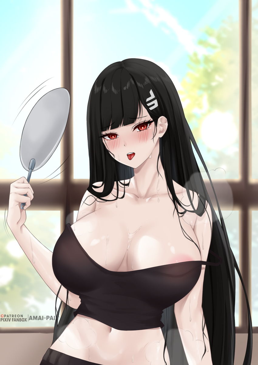 1girl absurdres amai-pai artist_name black_hair blue_archive blurry blurry_background breasts collarbone hair_ornament hairpin hand_fan highres holding holding_fan indoors large_breasts long_hair looking_at_viewer navel open_mouth red_eyes rio_(blue_archive) solo sweat tongue tongue_out upper_body
