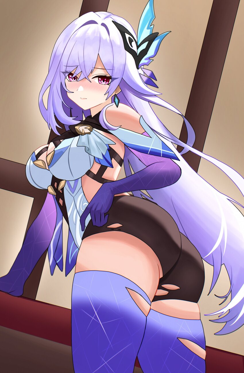 1girl absurdres ass black_shorts breasts commentary earrings elbow_gloves genshin_impact gloves hair_ornament highres indoors jewelry large_breasts long_hair purple_eyes purple_gloves purple_thighhighs shirt shorts skirk_(genshin_impact) solo thighhighs thighs very_long_hair white_hair white_shirt yue_kanade