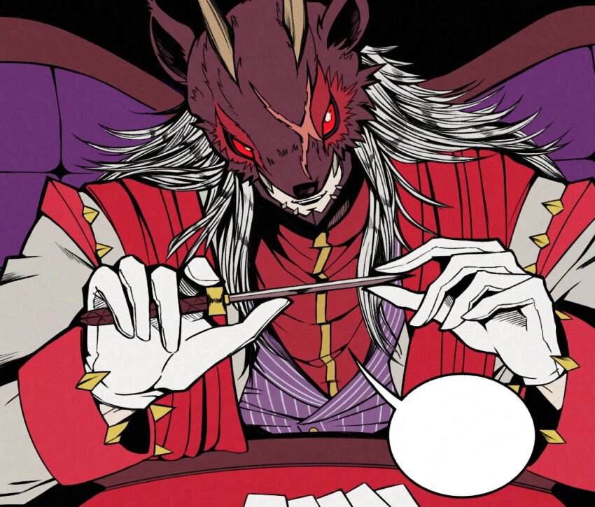 1boy astamon demon digimon digimon_(creature) holding holding_knife knife long_hair looking_at_viewer sitting zigokuno