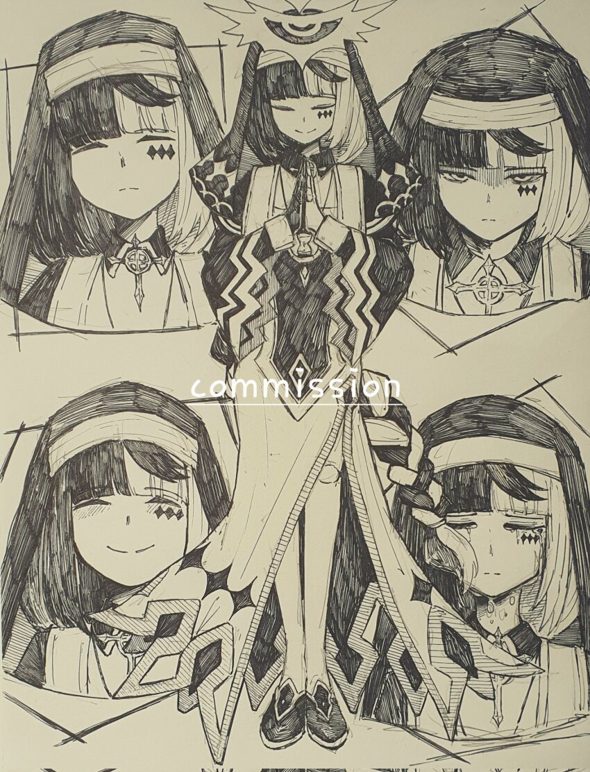 1girl arrow_cross blush borrowed_character braid braided_ponytail capelet closed_eyes closed_mouth coif commission cross doll_joints dress epeulu_(ate5424) facial_mark full_body habit halo highres hourglass joints long_hair looking_at_viewer monochrome multicolored_hair multiple_views nun original own_hands_together simple_background standing stole tears two-tone_hair veil violet_(ac8231)
