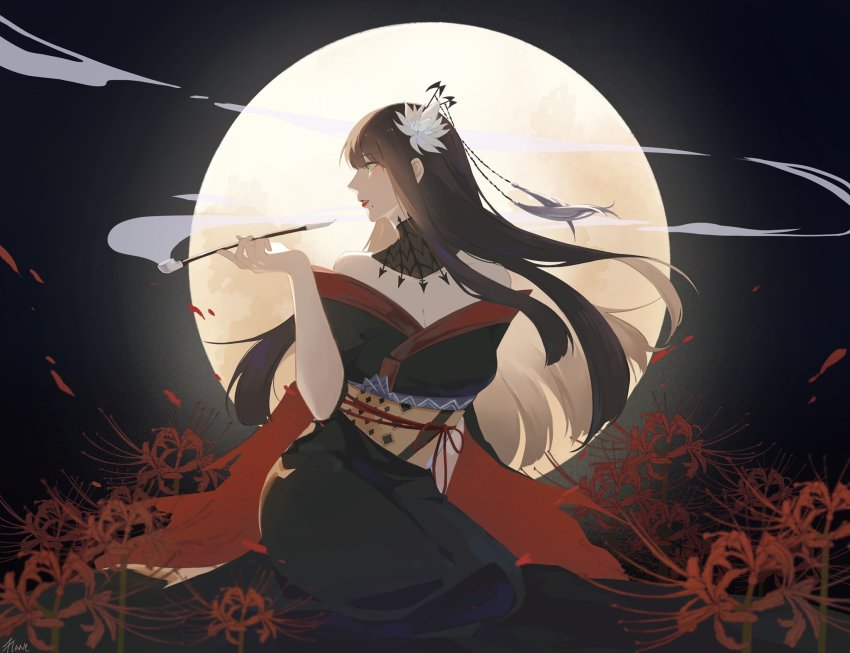 1girl bare_shoulders bat_hair_ornament black_background black_collar black_hair black_kimono blunt_bangs blunt_ends breasts cleavage collar commentary english_commentary epiphyllum expressionless falling_petals final_fantasy final_fantasy_xiv floating_hair flower from_side full_body full_moon green_eyes hair_flower hair_ornament hand_up hane_(yhane312) highres holding holding_smoking_pipe hyur japanese_clothes kimono kiseru lace_collar long_hair looking_ahead mole mole_under_mouth moon night obi obiage obijime off_shoulder parted_lips petals profile red_flower red_lips red_trim sash seiza sitting smoke smoking smoking_pipe solo spider_lily two-sided_fabric wind yotsuyu_goe_brutus