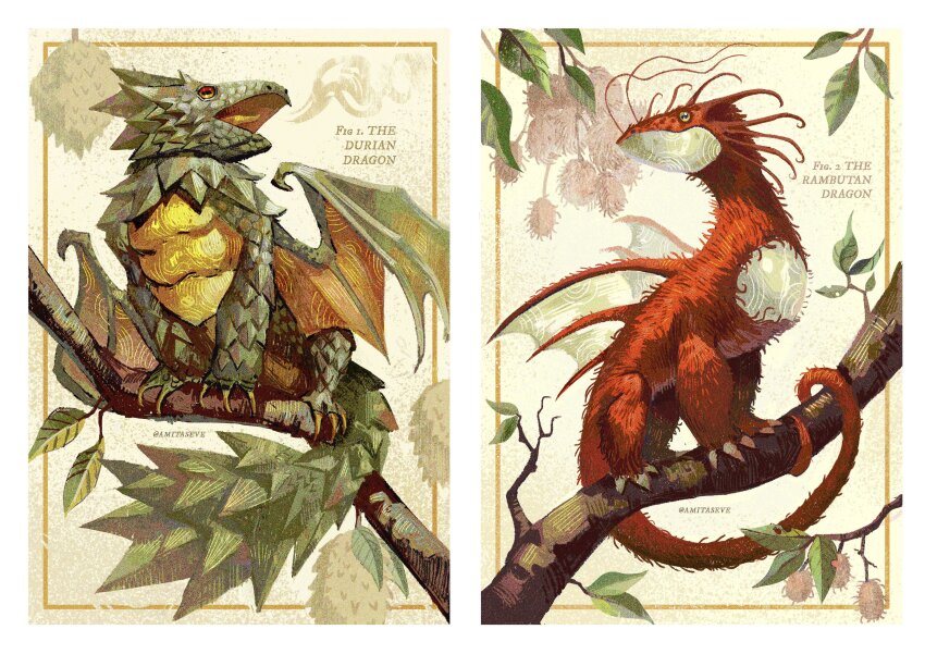 absurdres branch dragon durian food foodification fruit green_scales highres leaf no_humans original rambutan red_eyes red_scales scales volapardus western_dragon yellow_eyes