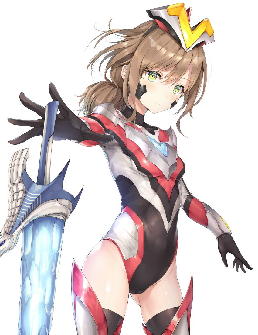 1girl absurdres black_gloves black_leotard black_thighhighs boots bracer breasts brown_hair closed_mouth covered_collarbone cowboy_shot expressionless female_focus floating_hair foreshortening genderswap genderswap_(mtf) gloves green_eyes grey_leotard hair_between_eyes headgear highres humanization legs_apart leotard long_hair long_sleeves looking_at_viewer low_ponytail outstretched_arm outstretched_hand ponytail reaching reaching_towards_viewer red_leotard shoulder_spikes sidelocks simple_background small_breasts solo spikes standing sword taro_(ultrataro) thigh_boots thighhighs ultra_series ultraman_ginga_(series) ultraman_ginga_s ultraman_victory weapon white_background