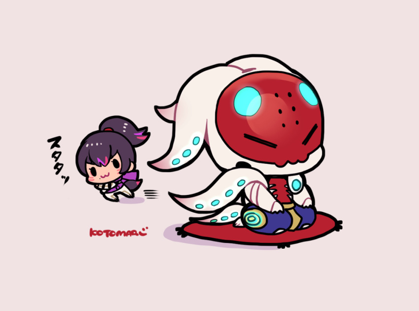 1boy 1girl :3 blue_pants chibi closed_eyes cyborg facial_mark fox_tail grey_background kneeling kotorai kunimitsu_ii multicolored_hair pants pillow ponytail purple_scarf scarf signature streaked_hair tail tekken tekken_7 tentacle_hair translation_request whisker_markings yoshimitsu_(namco)