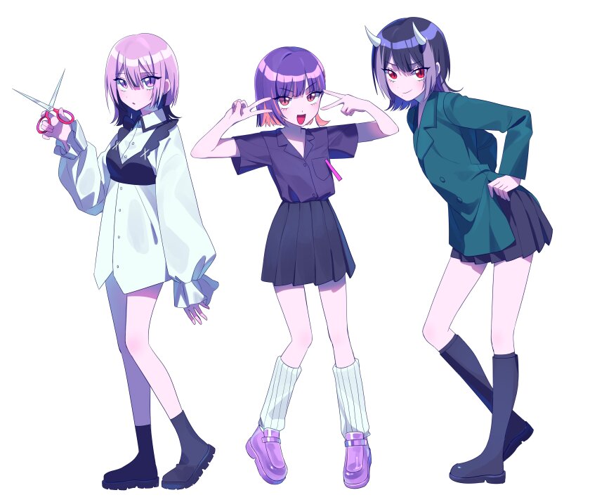 3girls absurdres baka_janai_noni_(zutomayo) black_boots black_hair boots colored_inner_hair dress_shirt full_body highres mirror_tune_(zutomayo) multicolored_hair multiple_girls nira-chan nira-chan_(baka_janai_noni)_(zutomayo) nira-chan_(mirror_tune)_(zutomayo) nira-chan_(zanki)_(zutomayo) niwatonira orange_eyes pink_hair purple_eyes purple_hair purple_shoes red_eyes ribbed_socks shirt shoes socks streaked_hair two-tone_hair v v_over_eye white_shirt white_socks zanki_(zutomayo) zutto_mayonaka_de_ii_no_ni