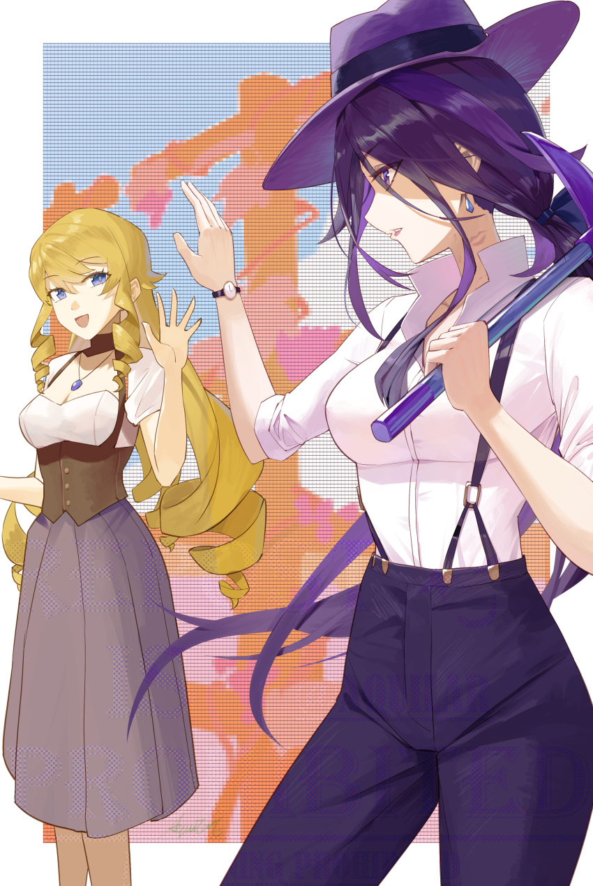 2girls absurdres aquilar blonde_hair breasts cleavage clorinde_(genshin_impact) dress genshin_impact highres jacket long_hair multicolored_eyes multiple_girls navia_(genshin_impact) open_mouth pants purple_eyes purple_hair shirt stardew_valley white_shirt yuri