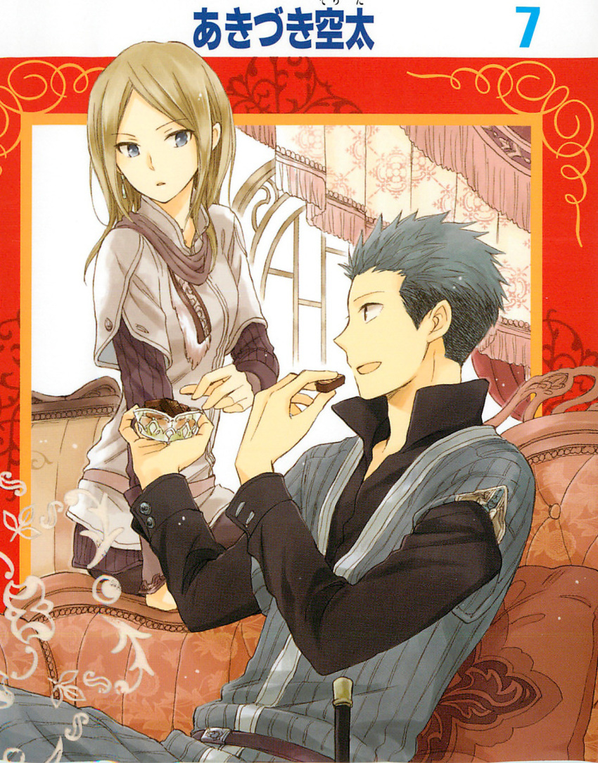 1boy 1girl akagami_no_shirayukihime belt blonde_hair blue_hair candy castle chocolate couch cover curtains eating highres indoors kiki_(akagami_no_shirayukihime) kiki_seiran mitsuhide_(akagami_no_shirayukihime) mitsuhide_lowen official_art patterned_upholstery pillow scarf sitting sorata_akiduki sweater sword weapon