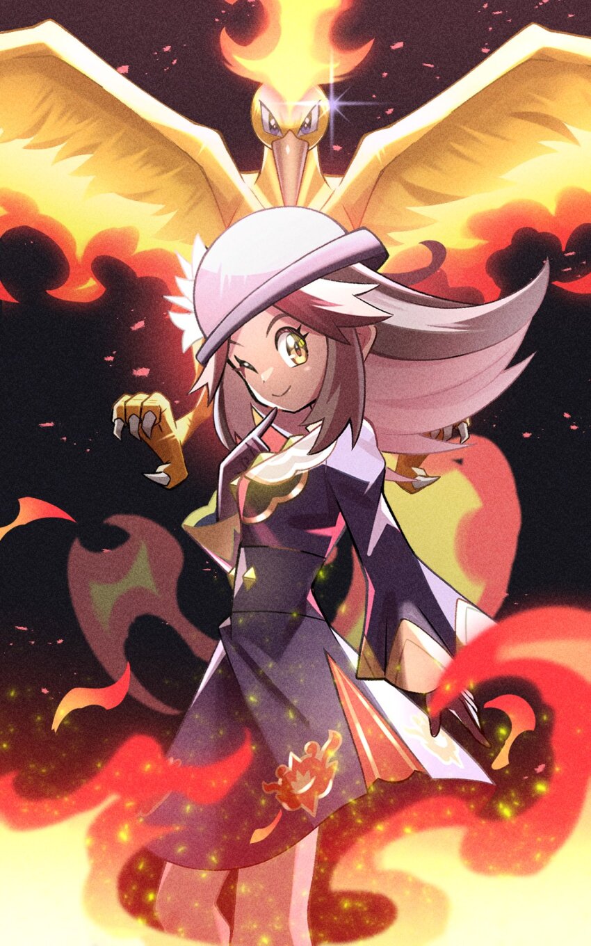 1girl beak bird black_dress black_hat brown_hair cowboy_shot dress fiery_wings fire gen_1_pokemon hat highres inana_umi leaf_(champion)_(pokemon) leaf_(pokemon) legendary_pokemon long_hair looking_at_viewer moltres nintendo pokemon pokemon_(creature) pokemon_masters_ex talons wings
