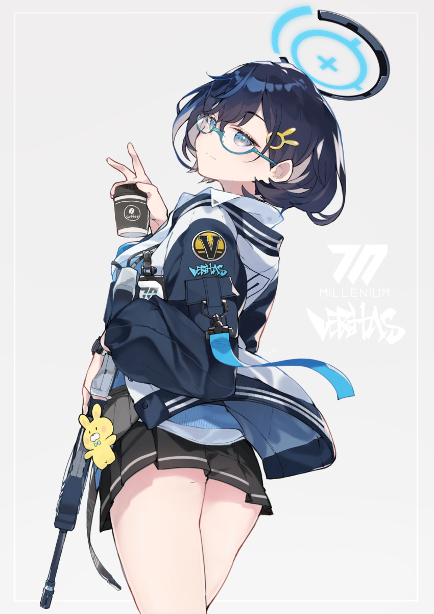 1girl absurdres black_hair black_skirt blue-framed_eyewear blue_archive blue_halo brown_eyes chihiro_(blue_archive) closed_mouth cowboy_shot cup disposable_coffee_cup disposable_cup glasses grey_background gun hair_ornament halo highres holding holding_cup holding_gun holding_weapon id_card long_sleeves pleated_skirt rabbit_hair_ornament ryo_(ryo_skrdi) short_hair skirt watch weapon wristwatch