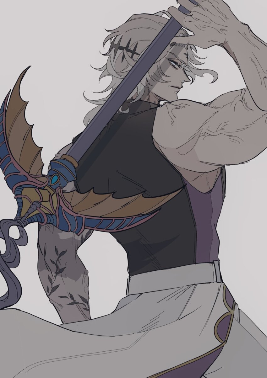 1boy arm_up black_shirt choker closed_mouth expressionless facial_tattoo forehead_tattoo gold_trim hades_(shuumatsu_no_valkyrie) half-closed_eyes high_collar highres holding holding_weapon jacket jewelry jitome leaf_tattoo looking_at_viewer looking_back male_focus pants purple_eyes purple_shirt shirt short_hair shuumatsu_no_valkyrie sleeveless sleeveless_shirt solo spiked_choker spiked_headband spikes tattoo two-tone_shirt unworn_jacket veins veiny_arms waist_cape weapon white_background white_hair white_pants
