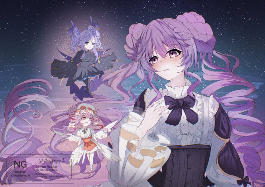 3girls angel angel_and_devil angel_wings angello_vaalmonica black_bow black_corset black_dress black_thighhighs blue_eyes bow braid breasts chibi closed_mouth corset demon_girl demon_horns demon_wings dimonno_vaalmonica double_bun dress duel_monster embarrassed hair_bun hand_on_own_chest hat highres horns long_hair long_sleeves looking_at_another medium_breasts multiple_girls open_mouth orange_eyes pink_hair purple_eyes purple_hair selettrice_vaalmonica sky star_(sky) starry_sky thighhighs thighs twin_braids uragawai very_long_hair white_dress wings yu-gi-oh!