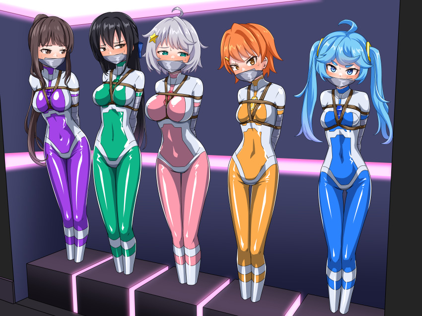 5girls absurdres ahoge aqua_eyes arms_behind_back bdsm black_hair blue_bodysuit blue_eyes blue_hair bodysuit bound bound_arms breasts brown_eyes brown_hair character_request chikyuu_boueitai_star_guardians duct_tape gag green_bodysuit grey_hair highres hoshizora_kohaku hououin_miya improvised_gag large_breasts long_hair looking_at_viewer medium_breasts multiple_girls orange_eyes orange_hair pink_bodysuit porin_(chikyuu_boueitai_star_guardians) purple_bodysuit rope shibari shibari_over_clothes shiny_clothes short_hair skin_tight small_breasts star_emerald star_garnet star_pearl tape tape_gag thalter39o twintails two-tone_bodysuit very_long_hair very_short_hair white_bodysuit yellow_bodysuit