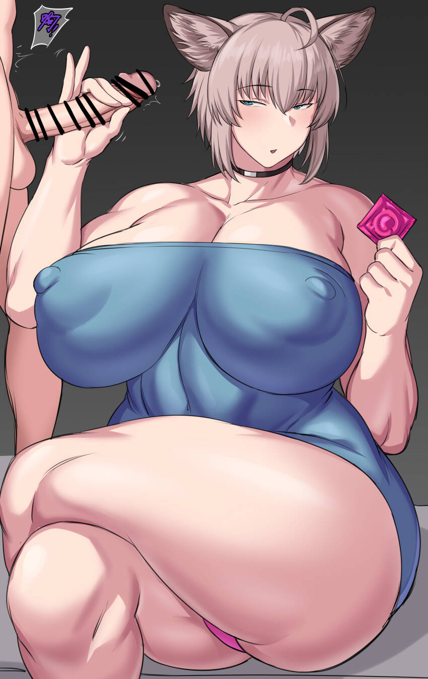 1boy 1girl abc.@123 absurdres age_difference arknights blue_eyes bored breasts covered_erect_nipples curvy grey_hair highres huge_breasts onee-shota plump short_hair shota sitting sussurro_(arknights) thick_thighs thighs