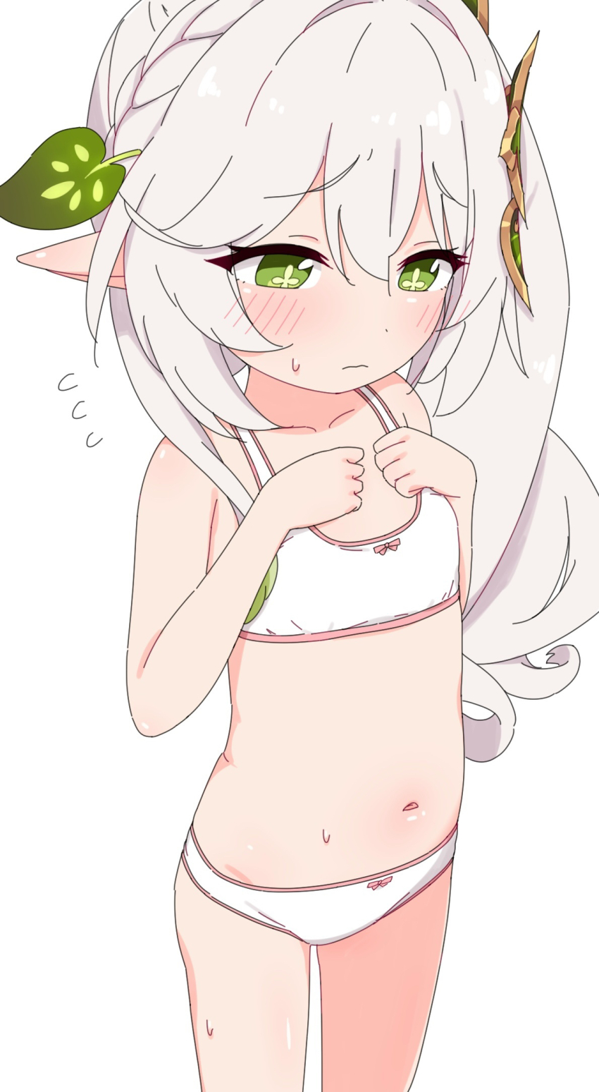 1girl azbchan1221 bow bow_panties bra genshin_impact green_eyes highres loli long_hair nahida_(genshin_impact) navel panties pointy_ears side_ponytail simple_background solo training_bra underwear underwear_only white_background white_bra white_hair white_panties