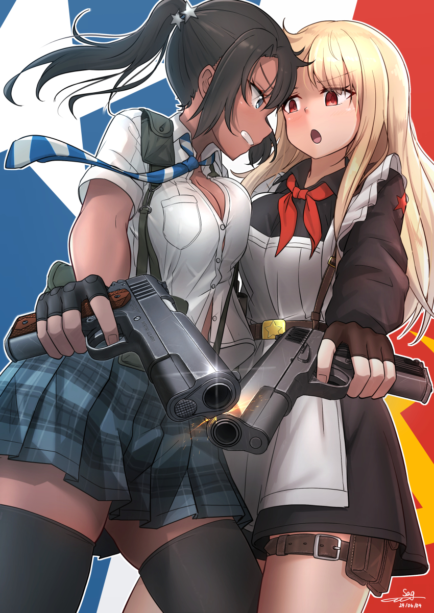 1911 2girls absurdres aiming aiming_at_viewer asymmetrical_docking black_hair blonde_hair blue_eyes breast_press breasts button_gap chest_rig cleavage dated eye_contact face-to-face finger_on_trigger fingerless_gloves gloves grin gun hammer_and_sickle handgun highres holding holding_gun holding_weapon holster large_breasts long_hair long_sleeves looking_at_another maid military multiple_girls neckerchief necktie open_mouth original plaid_clothes plaid_skirt ponytail red_eyes short_hair signature skirt smile star_(symbol) star_ornament teisei_misagi thigh_holster thighhighs tokarev_tt-33 weapon zettai_ryouiki