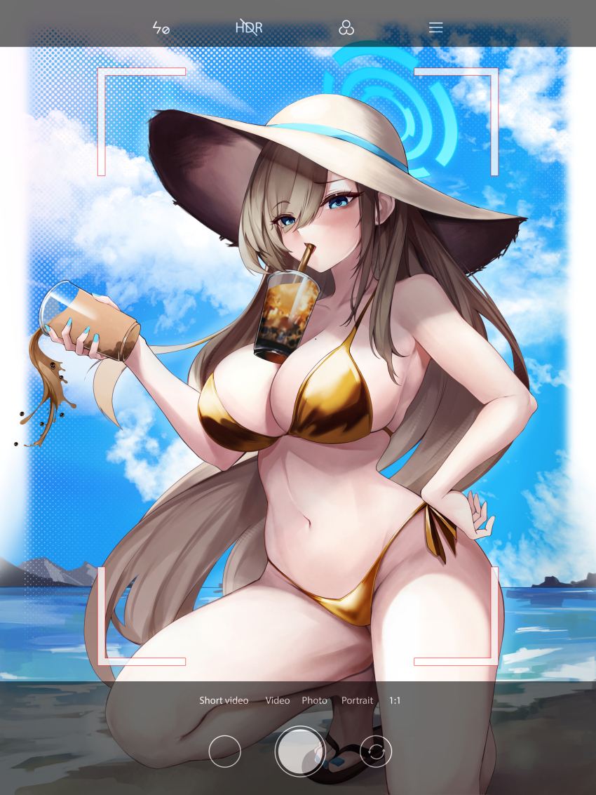 1girl absurdres asuna_(blue_archive) beach bikini blue_archive blue_eyes blue_halo blue_nails breasts cleavage commentary cup disposable_cup fake_phone_screenshot fake_screenshot gold_bikini halo hat highres holding holding_cup large_breasts long_hair looking_at_viewer miisang47 nail_polish navel ocean outdoors revision sandals side-tie_bikini_bottom sky solo swimsuit toenail_polish toenails viewfinder