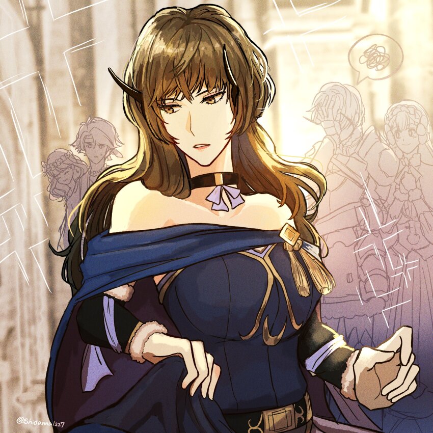 alm_(fire_emblem) berkut_(fire_emblem) brown_eyes brown_hair celica_(fire_emblem) crossdressing embarrassed fire_emblem fire_emblem_echoes:_shadows_of_valentia genderswap highres nintendo rinea_(fire_emblem) shidanna1227 tagme
