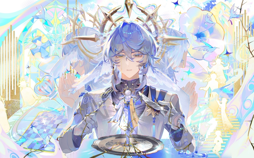 1boy absurdres artist_name bird bird_on_hand black_gloves blue_coat blue_shirt brooch chinese_commentary coat commentary_request cupping_hands earrings entangled feathered_wings glint gloves glowing gold_earrings gold_tears gold_trim grey_hair hair_between_eyes halo halo_behind_head head_wings highres holding_utensil honkai:_star_rail honkai_(series) jacket jewelry layered_sleeves long_sleeves male_focus medium_hair miniature multicolored_coat multiple_persona multiple_views on_stairs own_hands_together parted_lips phonograph piercing plant plate scarf shenjingbing253 shirt silhouette stairs star_(symbol) sunday_(honkai:_star_rail) tassel tears tears_from_one_eye turtleneck turtleneck_shirt vines white_coat white_gloves white_jacket white_scarf white_wings wing_piercing wings yellow_eyes yellow_halo