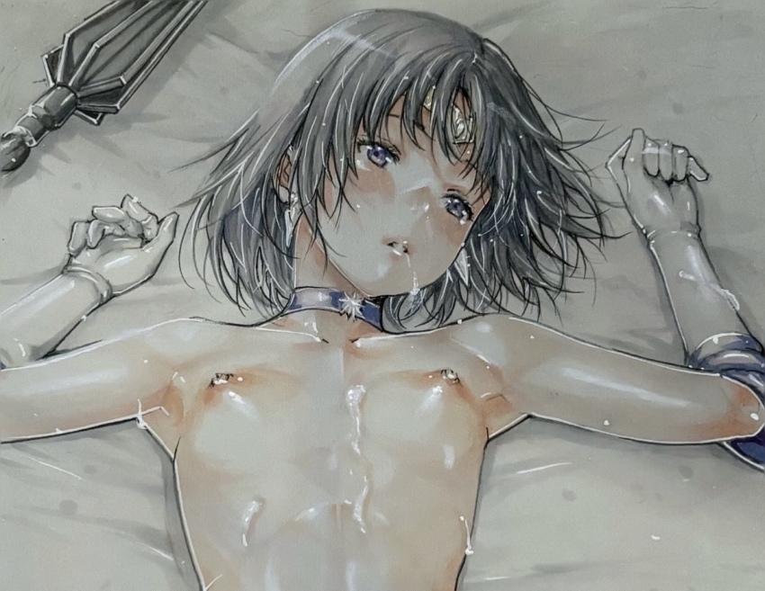 1girl bishoujo_senshi_sailor_moon black_hair breasts choker circlet crystal_earrings cum cum_on_body cum_on_breasts cum_on_upper_body earrings elbow_gloves facial gloves jewelry katsu_(24791909) lips marker_(medium) medium_hair nipples purple_eyes sailor_saturn silence_glaive small_breasts solo tomoe_hotaru traditional_media white_gloves