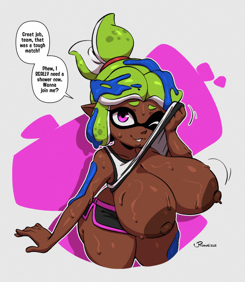1girl black_shorts borrowed_character breasts clothes_lift cowboy_shot dark-skinned_female dark_skin domino_mask eye_mask female_focus green_hair grey_background highres huge_breasts inkling inkling_girl inkling_player_character joao_pereira looking_at_viewer mask nintendo nipples one_eye_closed pink_background pink_eyes ponytail shirt_lift shorts shortstack smile solo speech_bubble splatoon_(series) sportswear standing sweat tagme tank_top tentacle_hair text_focus