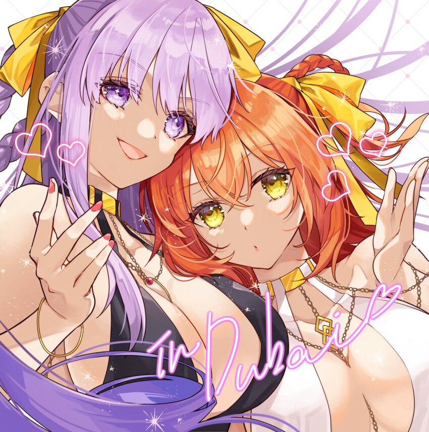 2girls bb_dubai_(fate) breasts center_opening cocktail_dress dress fate/grand_order fate_(series) fujimaru_ritsuka_(female) hair_between_eyes hair_ribbon heart highres ichino_tomizuki jewelry large_breasts long_hair looking_at_viewer multiple_girls nail_polish necklace open_mouth orange_hair purple_eyes purple_hair red_nails ribbon upper_body white_background yellow_eyes yellow_ribbon
