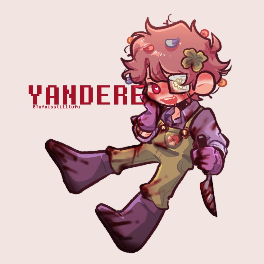 1boy ahoge bandaid bandaid_on_arm blood blood_on_clothes blood_on_face blood_on_gloves bloody_knife bloody_weapon blush boots branch brown_hair cat_smile clover clover_(tofuisstilltofu) clover_hair_ornament clover_print collared_shirt drooling ear_blush eyepatch fang fictional_persona petals flower_pot full_body furrowed_brow gloves green_overalls hair_ornament hand_on_own_cheek hand_on_own_face hands_up heart heart-shaped_pupils highres holding holding_knife in_air knife looking_at_viewer male_focus messy_hair midair mouth_drool one_eye_covered open_mouth original overalls petal_on_head petals plant purple_boots purple_gloves purple_shirt red_eyes shirt short_hair simple_background sleeves_rolled_up smile solo stick_in_hair symbol-shaped_pupils teeth tofuisstilltofu twitter_username upper_teeth_only weapon white_background white_eyepatch yandere