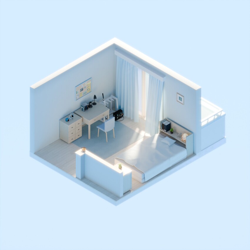 3d assault_rifle bag bed bed_sheet bedroom bicycle black_bag blender_(medium) blue_archive blue_background book bulletin_board chair commentary curtains day desk desk_lamp drawer floorplan flower_pot gun headphones highres isometric lamp light_rays no_humans pillow plant potted_plant rifle rumshon0022 school_bag sig_sauer_556 simple_background sunlight variant_set weapon