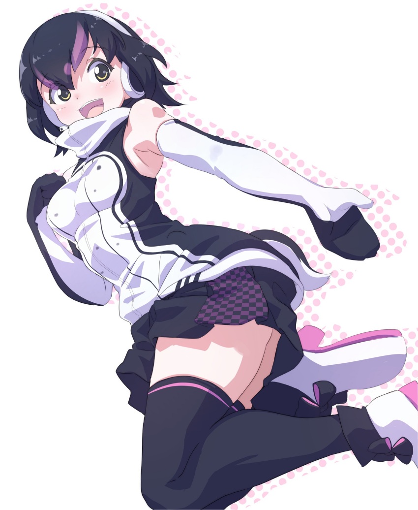 1girl black_hair elbow_gloves gloves highres hood hoodie humboldt_penguin_(kemono_friends) kemono_friends kemono_friends_v_project looking_at_viewer lowlandgorilla microphone multicolored_hair penguin_girl penguin_tail shoes short_hair simple_background skirt sleeveless solo streaked_hair tail thighhighs virtual_youtuber yellow_eyes