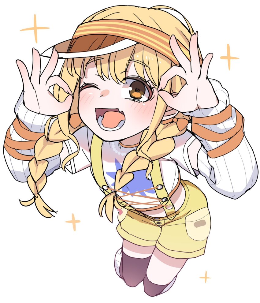 1girl akitokage arm_ribbon arm_warmers arms_up bead_necklace beads black_thighhighs blonde_hair braid cargo_shorts close-up commentary criss-cross_straps cropped_shirt double_ok_sign fang french_braided_twintails from_above fujita_kotone gakuen_idolmaster highres idolmaster jewelry jumping light_blush long_hair looking_at_viewer low_twin_braids lower_teeth_only midriff_peek necklace ok_sign one_eye_closed open_mouth orange_ribbon orange_visor print_shirt ribbed_leg_warmers ribbon ribbon_earrings shadow shirt short_sleeves shorts simple_background skin_fang smile solo sparkle suspender_shorts suspenders teeth thighhighs thighs twin_braids visor_cap wavy_sidelocks white_arm_warmers white_background white_shirt yellow_big_bang!_(idolmaster) yellow_eyes yellow_shorts