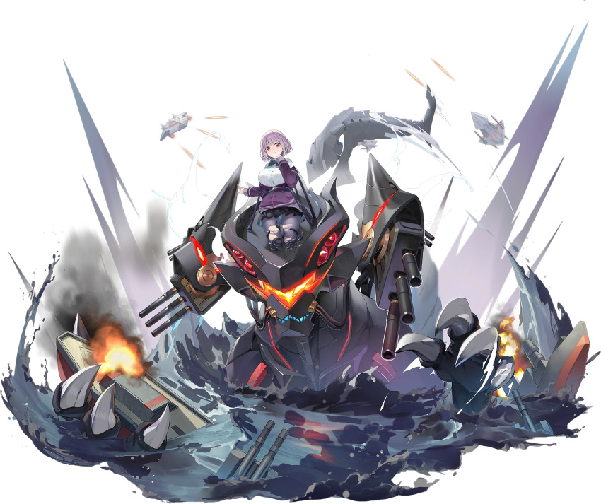 1girl absurdres alexis_kerib artist_request azur_lane black_skirt bow bowtie breasts button_gap closed_mouth collared_shirt dress explosion full_body glowing green_bow green_bowtie gridman_universe hair_between_eyes hand_up highres jacket large_breasts light_purple_hair liquid logo long_sleeves looking_at_viewer mecha non-web_source off_shoulder official_art pantyhose partially_submerged pleated_dress purple_background purple_jacket purple_pantyhose red_eyes rigging robot school_uniform shinjou_akane ship_turret shirt short_hair sidelocks skirt sleeves_past_wrists smile solo ssss.gridman standing tentacles torn_clothes torn_pantyhose transparent_background water white_shirt