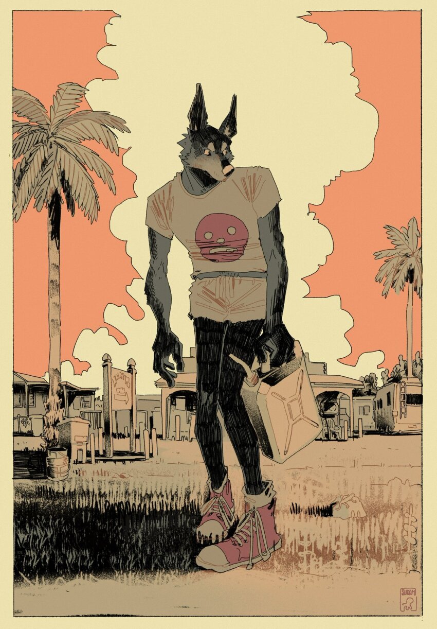 1boy animal_ears animal_nose arms_at_sides arrow_(symbol) artist_logo bare_legs big_squid_man black_eyes black_skin blending border bucket camper_trailer closed_mouth colored_skin converse drawstring ears_up film_grain furry furry_male gecko grass grey_skin hatching_(texture) highres holding house jerry_can limited_palette linear_hatching logo looking_to_the_side male_focus orange_sky original outdoors palm_tree pink_shoes print_shirt recreational_vehicle rock shadow shirt shoelaces shoes short_shorts short_sleeves shorts sign sky slouching smoke sneakers snout t-shirt trailer tree walking wide_shot wolf_boy wolf_ears yellow_border