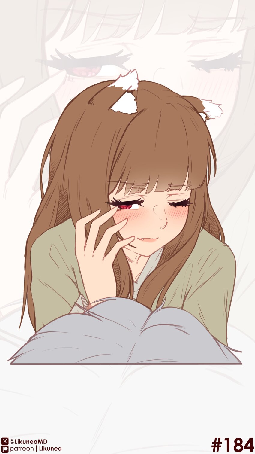 1boy 1girl absurdres animal_ear_fluff animal_ears blush brown_hair closed_mouth commentary craft_lawrence english_commentary fang green_shirt highres holo likunea lips long_hair looking_at_viewer one_eye_closed patreon_logo patreon_username pov red_eyes shirt spice_and_wolf twitter_username twitter_x_logo upper_body wolf_ears wolf_girl zoom_layer