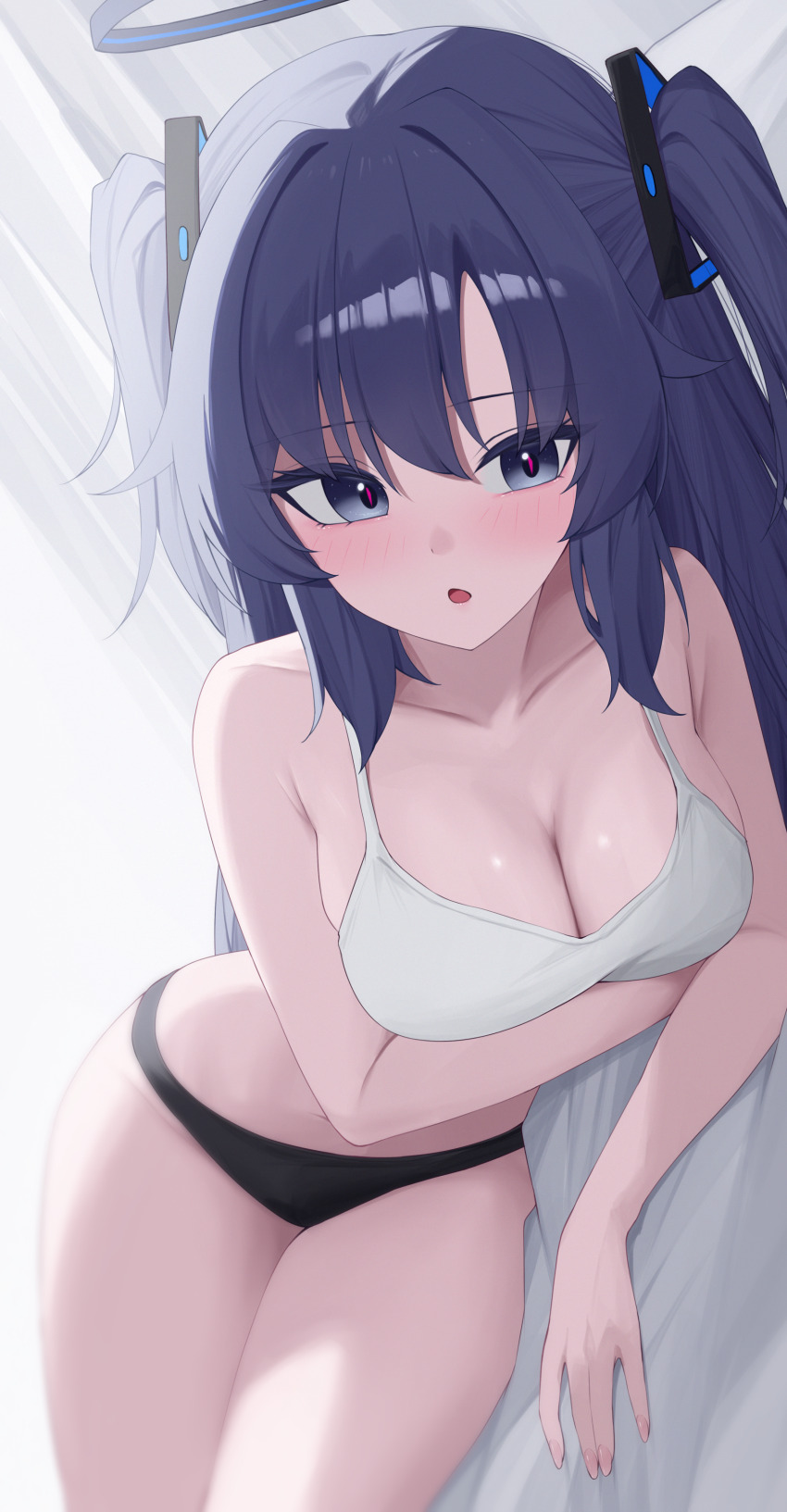 1girl :o absurdres arm_under_breasts bare_shoulders bed_sheet black_panties blue_archive blue_hair blush breasts camisole cleavage collarbone commentary fingernails grey_eyes hair_between_eyes highres large_breasts long_hair looking_at_viewer lying on_side open_mouth panties red_pupils sei_(0724sei6) solo two_side_up underwear very_long_hair yuuka_(blue_archive)