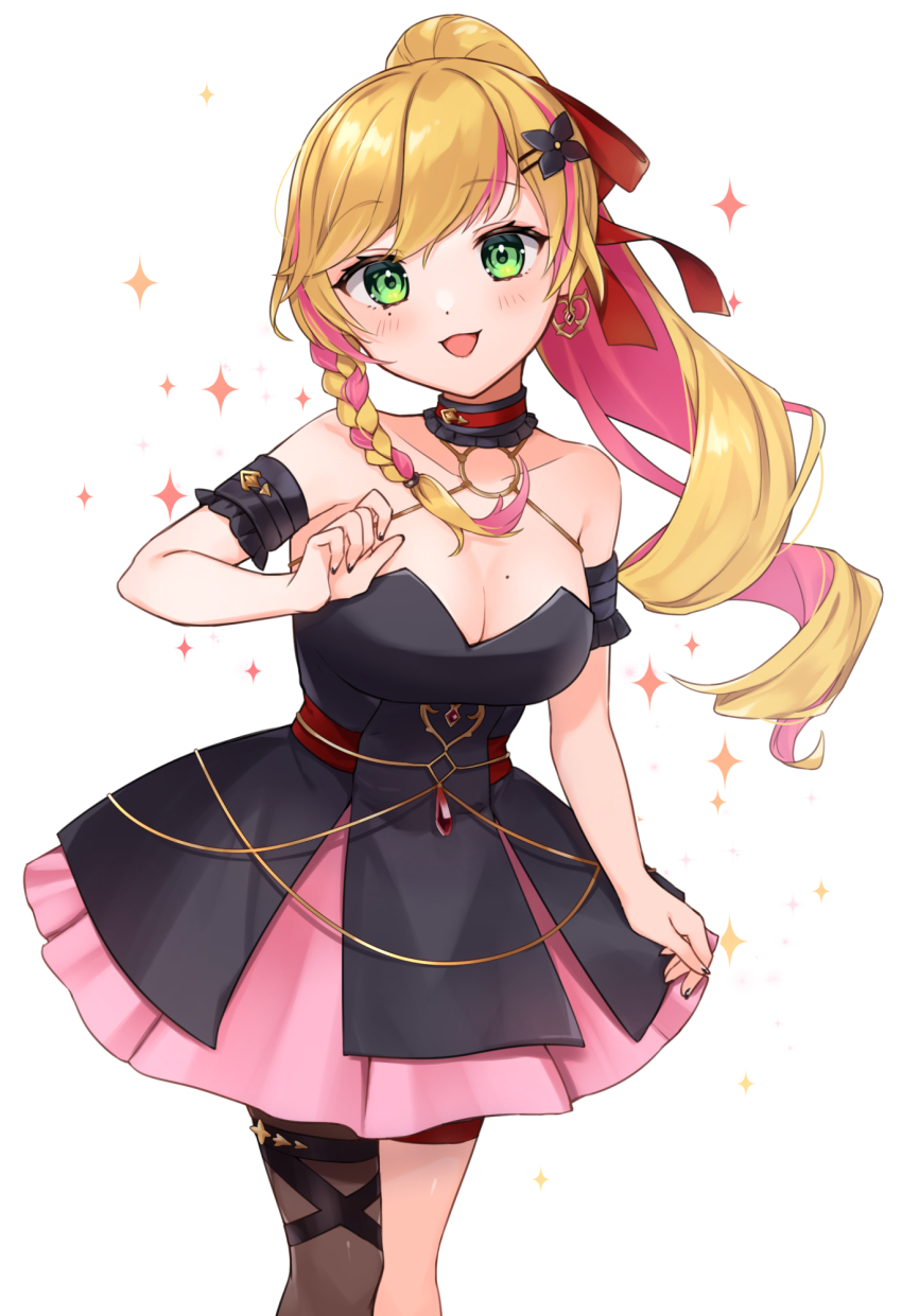 1girl :3 armlet bike_shorts blonde_hair blush braid breasts choker cleavage colored_inner_hair dress drill_hair earrings green_eyes hair_ribbon halterneck heart heart_earrings highres jewelry kawagami_raito long_hair looking_at_viewer medium_breasts mole mole_on_breast multicolored_hair nail_polish nijisanji nijisanji_kr open_mouth pink_hair ponytail ribbon seffyna side_braid single_leg_pantyhose smile solo very_long_hair virtual_youtuber
