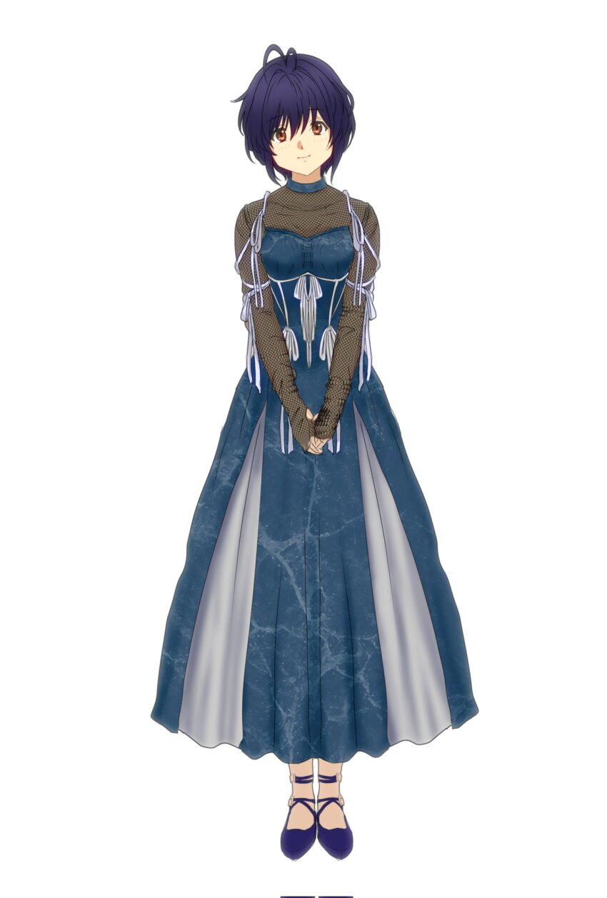 1girl 22/7 ato_de_wakaru_koto black_hair blue_footwear bow brown_eyes bxtbsy7q76gxh73 closed_mouth dress full_body highres looking_at_viewer own_hands_clasped own_hands_together see-through_clothes see-through_sleeves short_hair solo standing takigawa_miu white_background