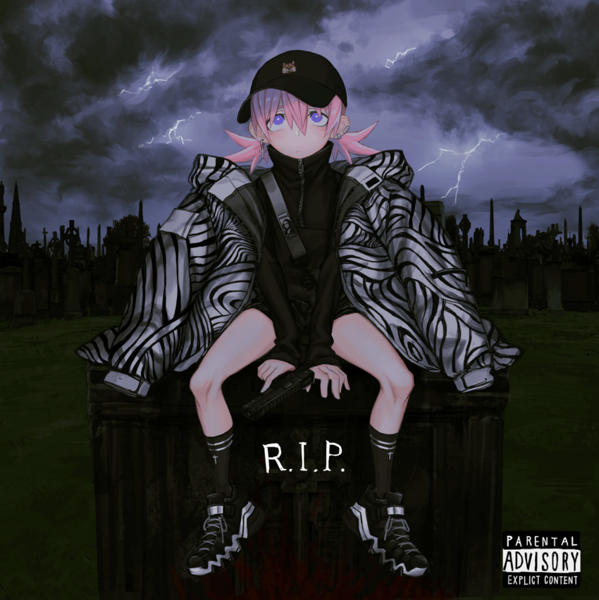 1girl baseball_cap black_hat black_jacket black_shoes black_socks closed_mouth cloud cloudy_sky cross cross_earrings ear_piercing earrings graveyard gun hair_between_eyes hat highres holding holding_gun holding_weapon jacket jacket_on_shoulders jewelry lightning long_sleeves original outdoors parental_advisory piercing pink_hair purple_eyes rest_in_peace_(phrase) shoes short_twintails sitting sky sneakers socks solo tombstone toxic_ghost twintails weapon